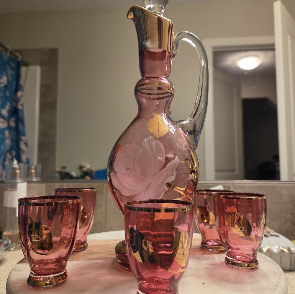 Vintage  Elegant Pink Glass Decanter Set with Gold Detail & Hand Painted .